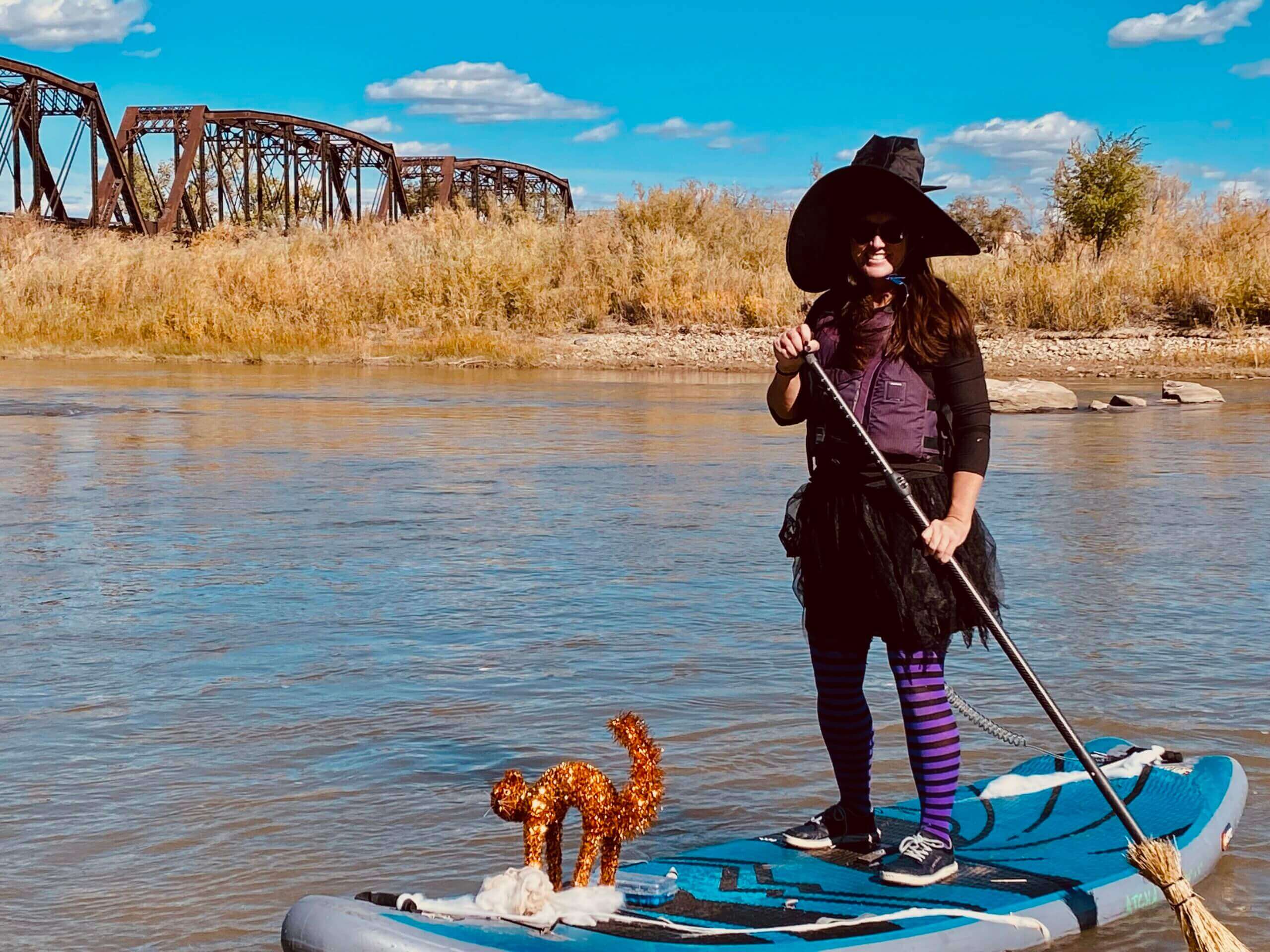 Witch paddleboarding with a cat.